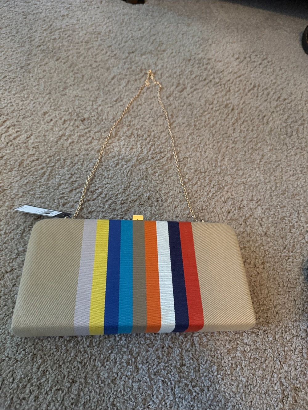 BCBG Beige Clutch with Multicolor Vertical Stripes and Gold Chain